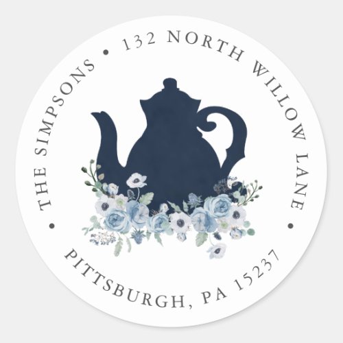 Blue Floral Teapot Return Address Classic Round Sticker