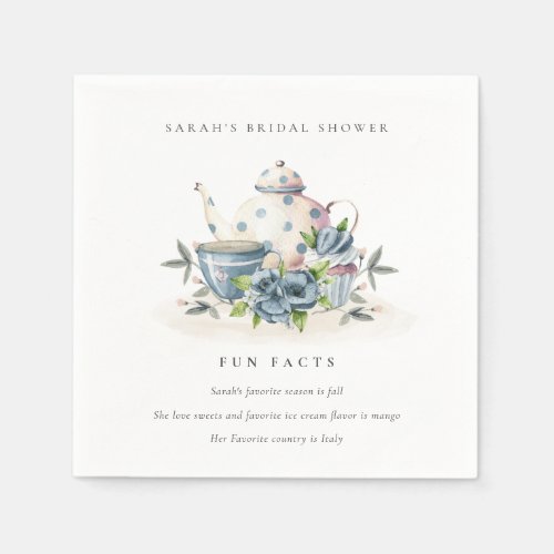 Blue Floral Teapot Tea Fun Facts Bridal Shower Napkins