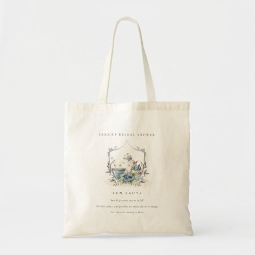 Blue Floral Teapot Tea Fun Facts Bridal Shower Tote Bag