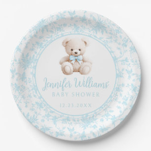 Blue floral teddy bear baby boy shower paper plates