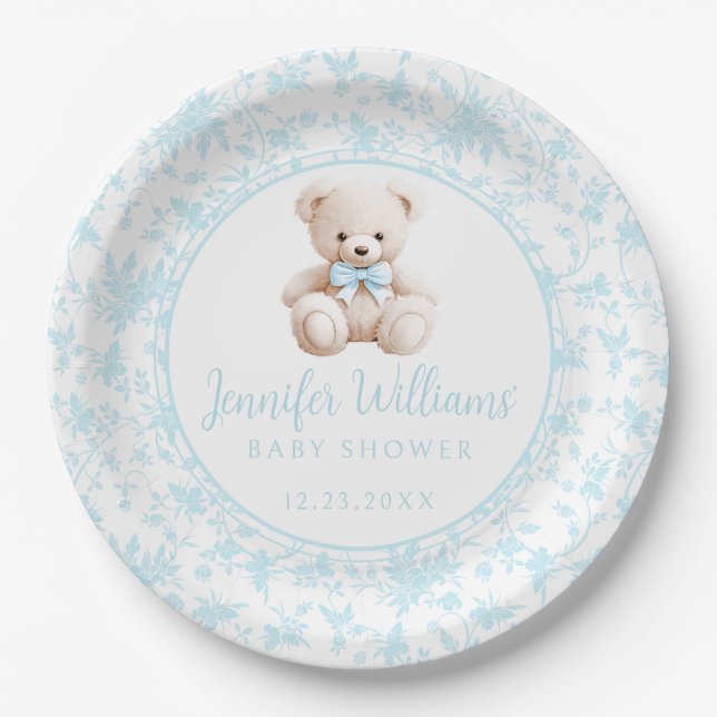 Blue floral teddy bear baby boy shower paper plates (Front)
