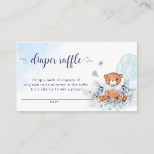 Blue Floral Teddy Bear Baby Shower Diaper Raffle Enclosure Card