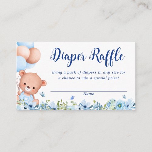 Blue Floral Teddy Bear Baby Shower Diaper Raffle Enclosure Card