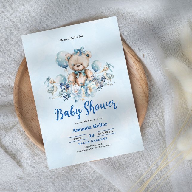 Blue Floral Teddy Bear Baby Shower Invitation (Creator Uploaded)