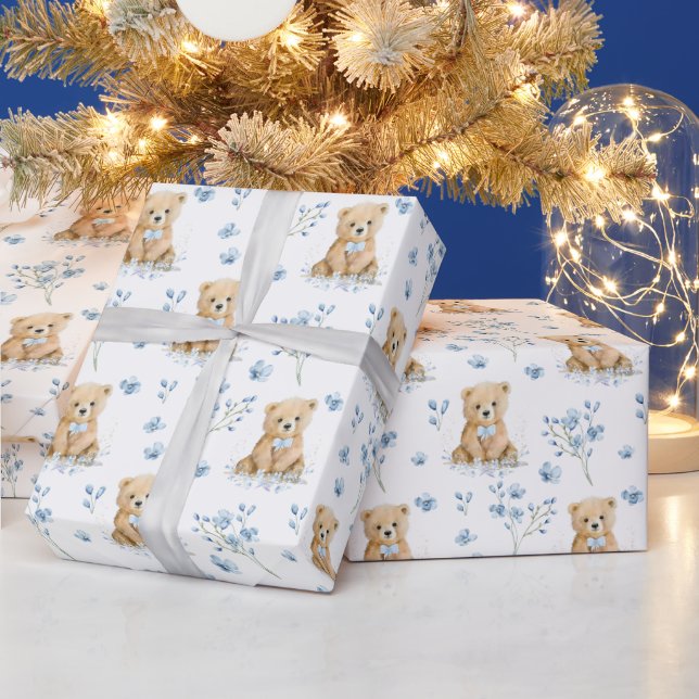 Blue floral teddy bear baby shower wrapping paper (Holidays)