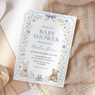 Blue Floral Teddy Bear Bunny Nursery Baby Shower Invitation