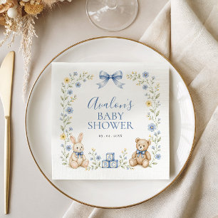 Blue Floral Teddy Bear Bunny Nursery Baby Shower Napkins