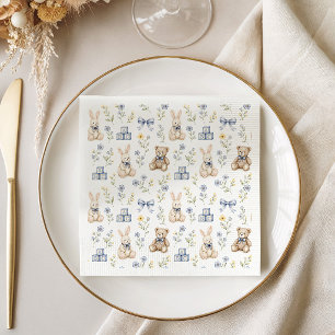 Blue Floral Teddy Bear Bunny Nursery Baby Shower Napkins