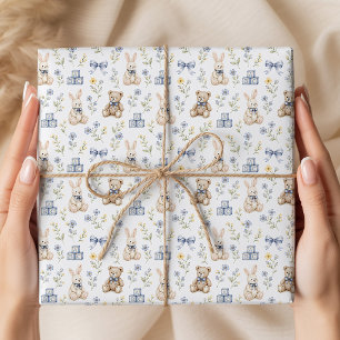 Blue Floral Teddy Bear Bunny Nursery Wrapping Paper
