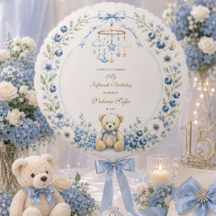 Blue Floral Teddy Bear Fifteenth Birthday party Balloon