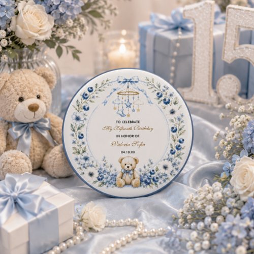 Blue Floral Teddy Bear Fifteenth Birthday party Button