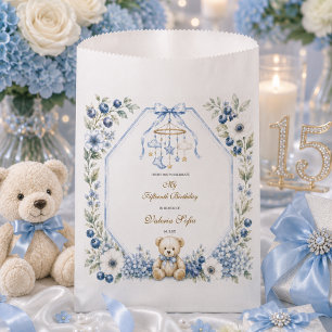 Blue Floral Teddy Bear Fifteenth Birthday party Favor Bag