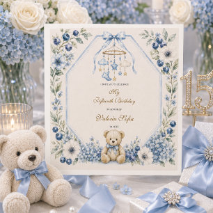 Blue Floral Teddy Bear Fifteenth Birthday party Napkins