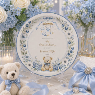 Blue Floral Teddy Bear Fifteenth Birthday party Paper Plates