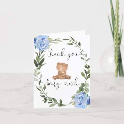 Blue floral teddy bear greenery eucalyptus cute thank you card