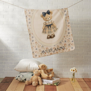 Blue Floral Teddy Bear Personalized Vintage Baby Blanket
