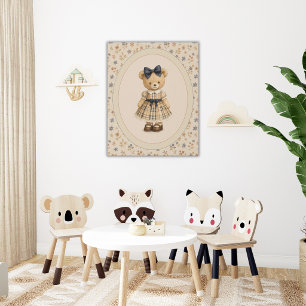 Blue Floral Teddy Bear Vintage Faux Canvas Print