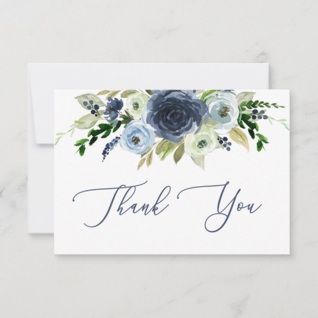 Blue floral thank you card, floral note card (Front)