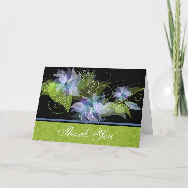 Blue Floral Thank You Card With Damask (Front)