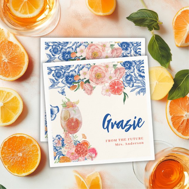 Blue floral That's Amore Bridal Shower grazie Napkins (Creator Uploaded)