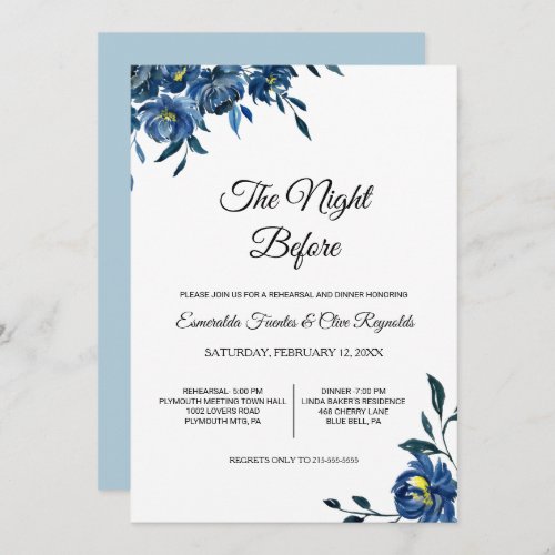 Blue Floral The Night Before Rehearsal Dinner Invitation