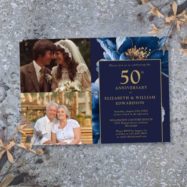 Blue Floral Then And Now 50th Anniversary 2 Photo Invitation (Blue Floral Then And Now 50th Anniversary 2 Photo Invitation)