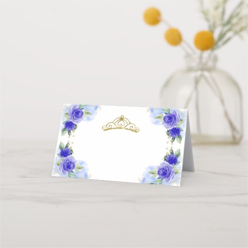 Blue Floral Tiara Quinceanera Place Card