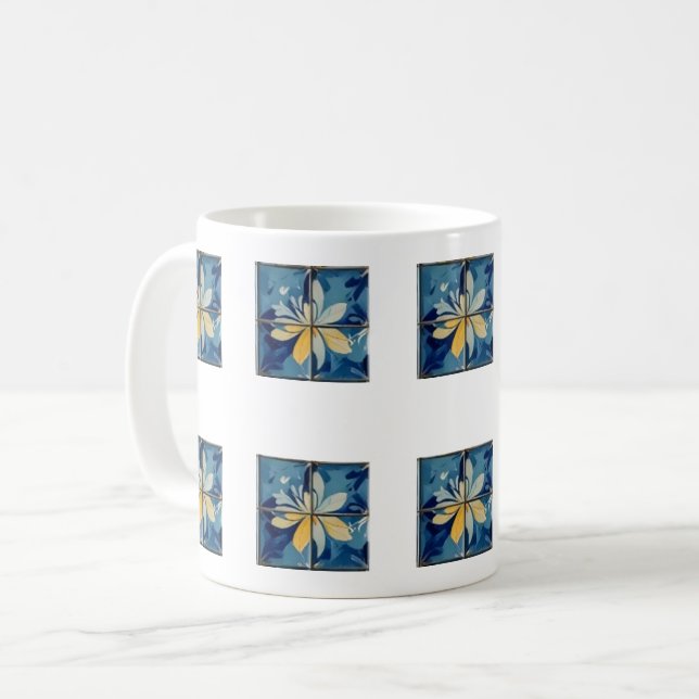 Blue Floral Tile Pattern Coffee Mug (Front Left)