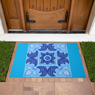 Blue Floral Tile Pattern Vintage Mediterranean Doormat
