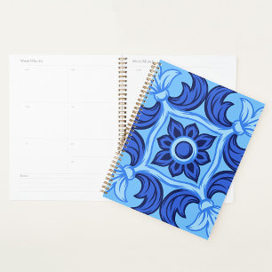 Blue Floral Tile Pattern Vintage Mediterranean Planner