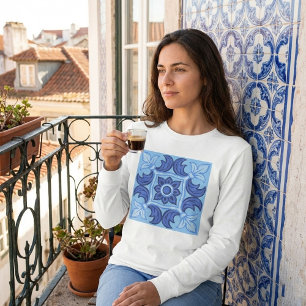 Blue Floral Tile Pattern Vintage Mediterranean T-Shirt