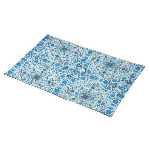 Blue floral tiles cloth placemat