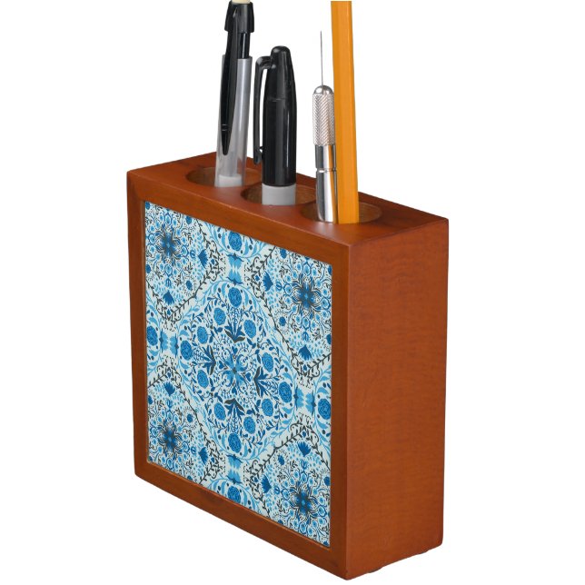 Blue floral tiles desk organizer (In Situ)