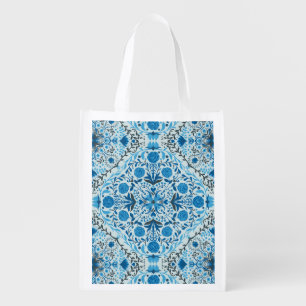 Blue floral tiles grocery bag