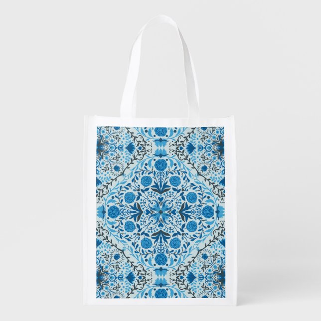 Blue floral tiles grocery bag (Front)