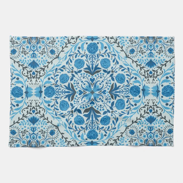 Blue floral tiles kitchen towel (Horizontal)