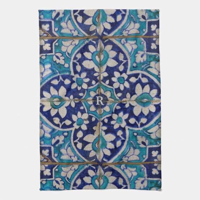 Blue Floral Tiles KitchenTowel w/out Monogram Kitchen Towel (Vertical)