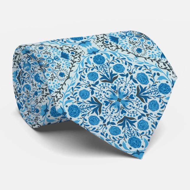Blue floral tiles neck tie (Rolled)