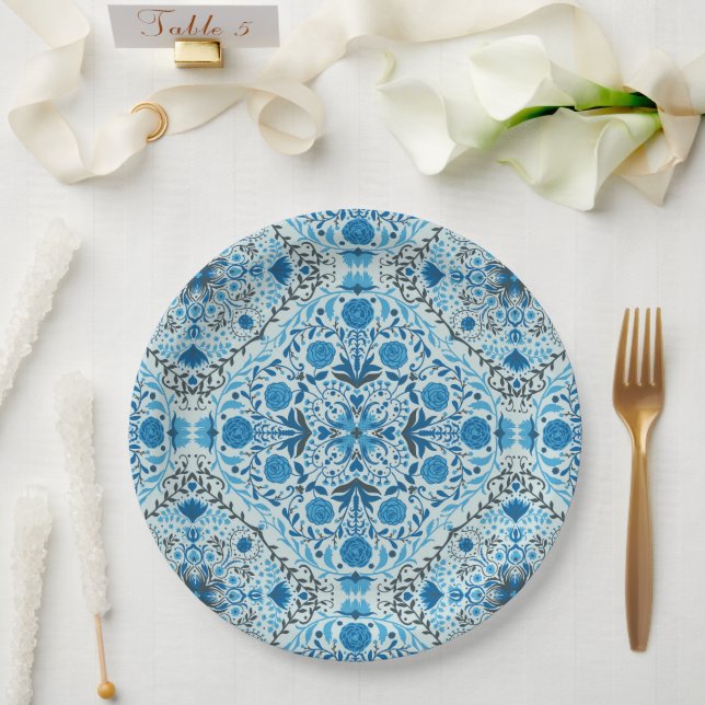 Blue floral tiles paper plates (Wedding)