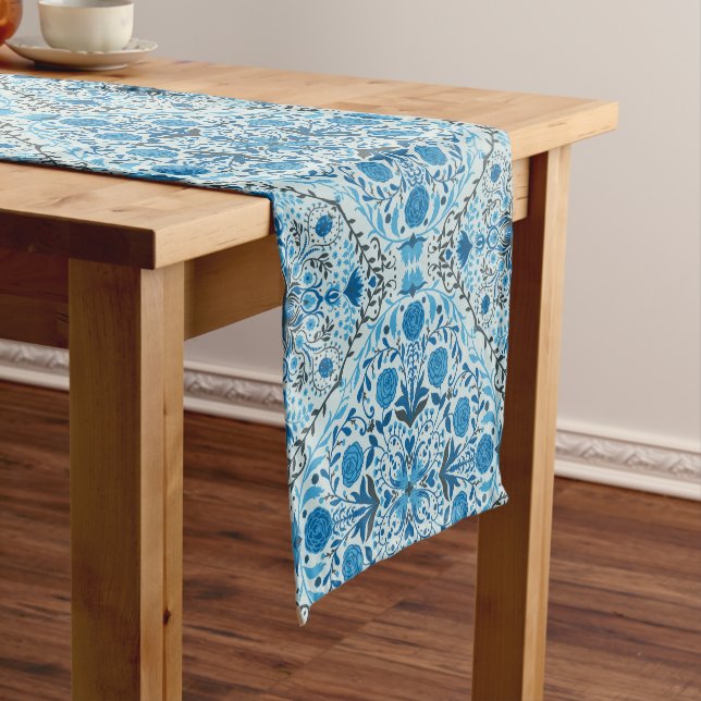 Blue floral tiles short table runner (In Situ)