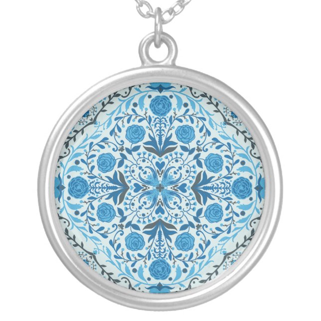 Blue floral tiles silver plated necklace (Front)