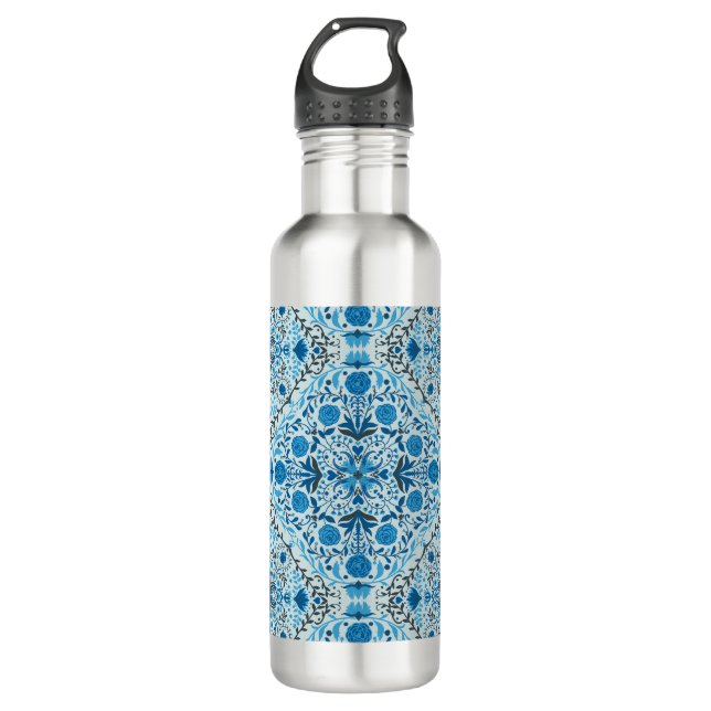 Blue floral tiles stainless steel water bottle (Front)