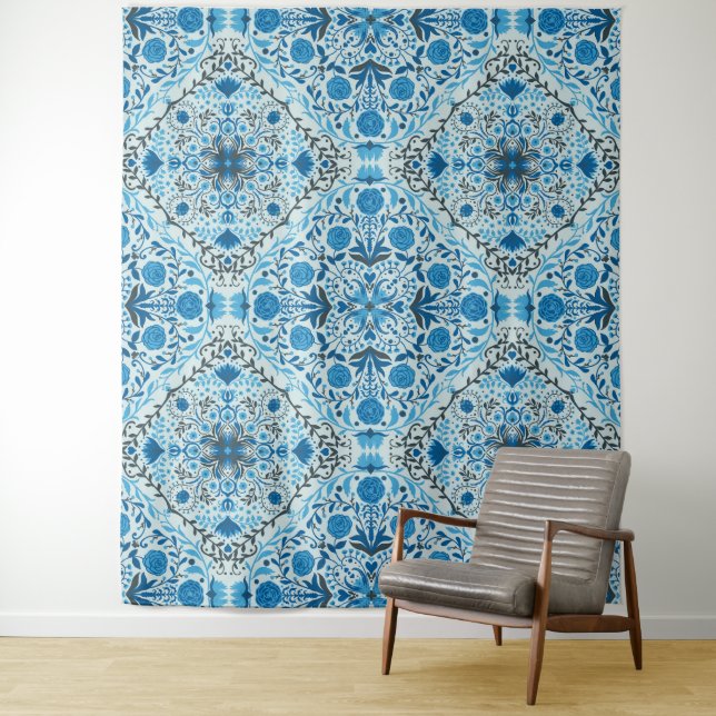 Blue floral tiles tapestry (In Situ)