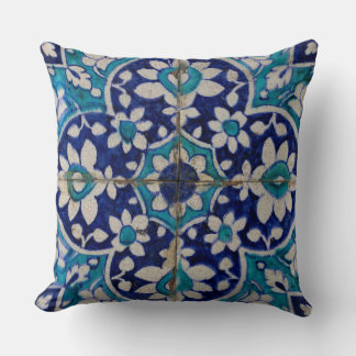 Blue Floral Tiles Throw Pillow
