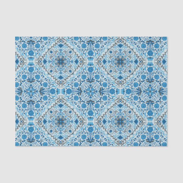 Blue floral tiles tissue paper (Front)