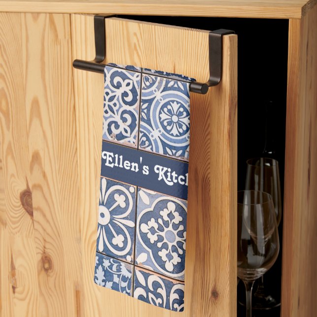 Blue Floral Tiles w/out name or other text Kitchen Towel (Thirds Fold)