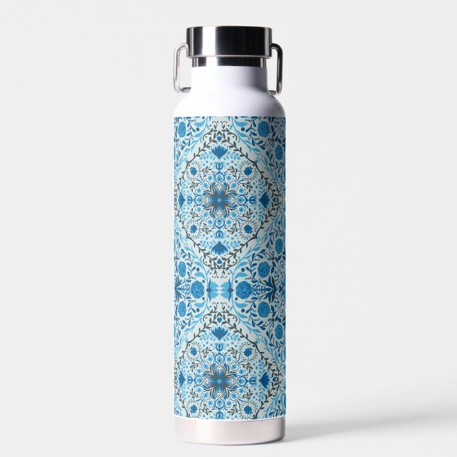Blue floral tiles water bottle (Front)