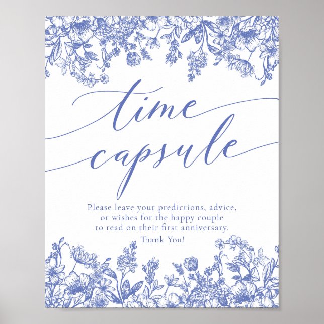 Blue Floral Time Capsule Bridal Shower Game Sign (Front)