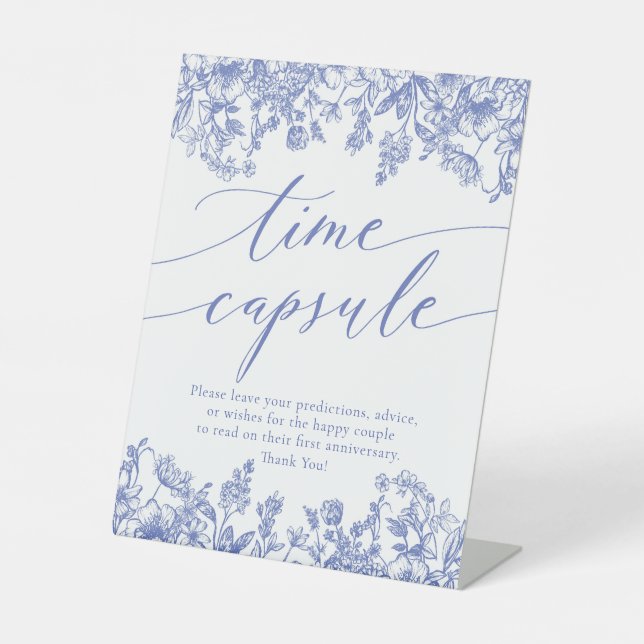 Blue Floral Time Capsule Bridal Shower Game Sign (Front)