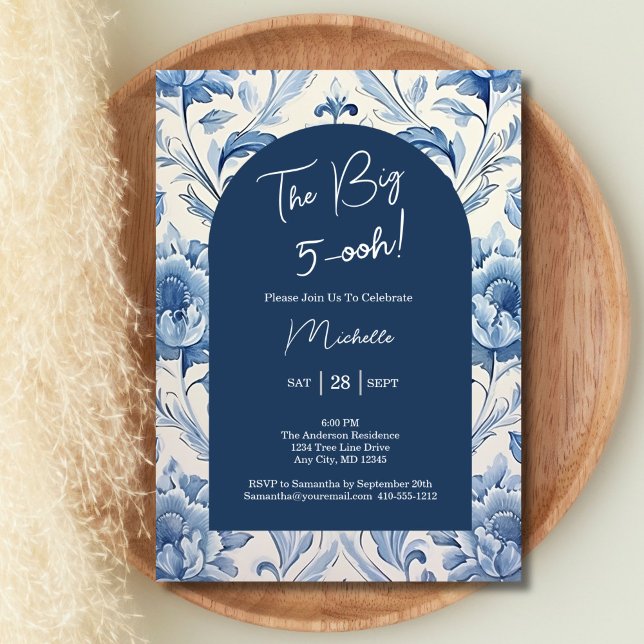 Blue Floral Toile 50th Birthday Chinoiserie Invitation (Blue Toile Floral Chinoiserie 50th Birthday Invitation )